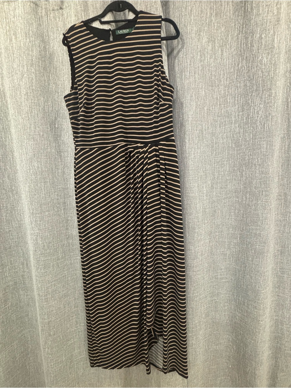 Lauren Ralph Lauren Black and Cream Striped Sleeveless Maxi Dress with Waist Tie